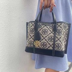 Tory Burch Big Tote Jacquard Signature Blue With Dust Bag Blue