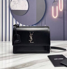 Ysl Saint Laurent Sunset Medium Leather Shoulder Bag With OG Box & Carry Bag Antique Silver Hardware Black Y2503