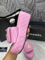 Chanel Twist Lock Pink platform Slides For Women With Original Box And Carry Bag