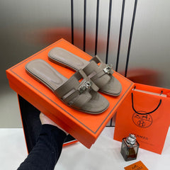 Hermes Oran Dark Khakhi Flats For Women With Original Box And Carry Bag