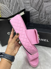 Chanel Twist Lock Pink platform Slides For Women With Original Box And Carry Bag