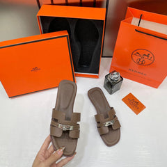 Hermes Oran Dark Khakhi Flats For Women With Original Box And Carry Bag