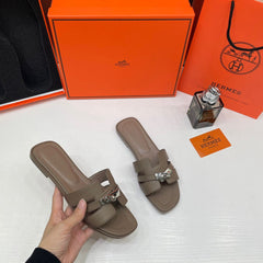 Hermes Oran Dark Khakhi Flats For Women With Original Box And Carry Bag
