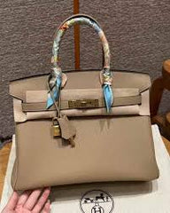 Hermes Apricot Grey Togo Leather Rose Gold Hardware Birkin Bag With Dust Bag & OG Box (BK25 Apricot Grey)