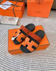 HERMES Calfskin Mens Chypre Sandals black Yellow