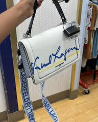 Karl Lagerfeld Simone Top Handle Leather Small Camera Sling Bag With OG Box & Dust Bag (White Blue KB027-2)