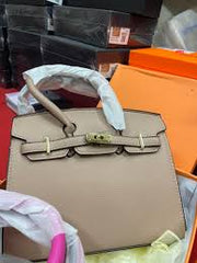 Hermes Apricot Grey Togo Leather Rose Gold Hardware Birkin Bag With Dust Bag & OG Box (BK25 Apricot Grey)