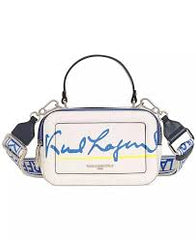 Karl Lagerfeld Simone Top Handle Leather Small Camera Sling Bag With OG Box & Dust Bag (White Blue KB027-2)
