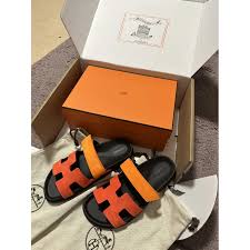 HERMES Calfskin Mens Chypre Sandals black Yellow