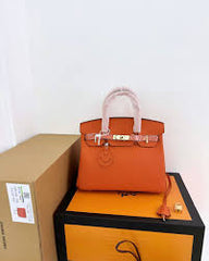 Hermes Orange Togo Leather Rose Gold Hardware Birkin Bag With Dust Bag & OG Box (BK25 Orange)
