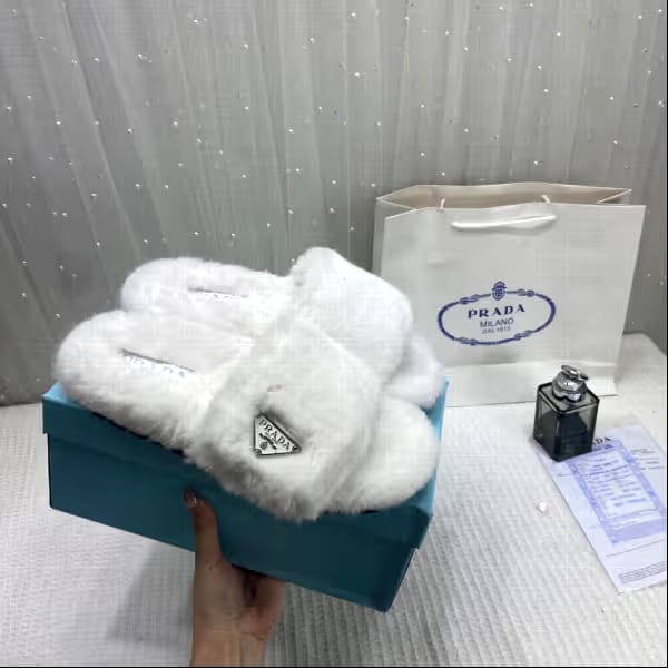 Prada Furry White Slippers For Her With OG Box Dust Bag & Carry Bag White