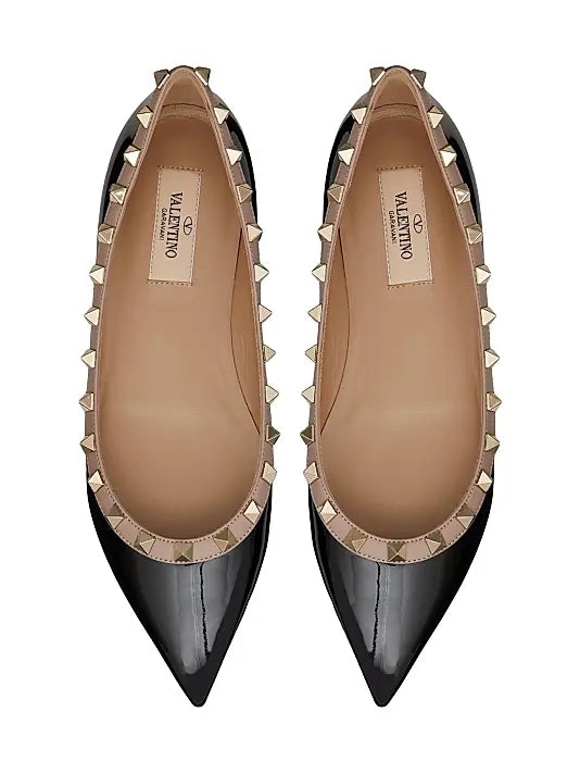 Valentino Rockstud Patent Black Ballerina Flats For Her With Original Box And Carry Bag