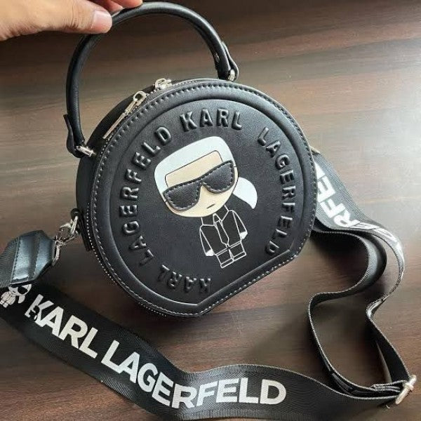 Karl Lagerfeld Black Round Top Handle Sling Bag With Box