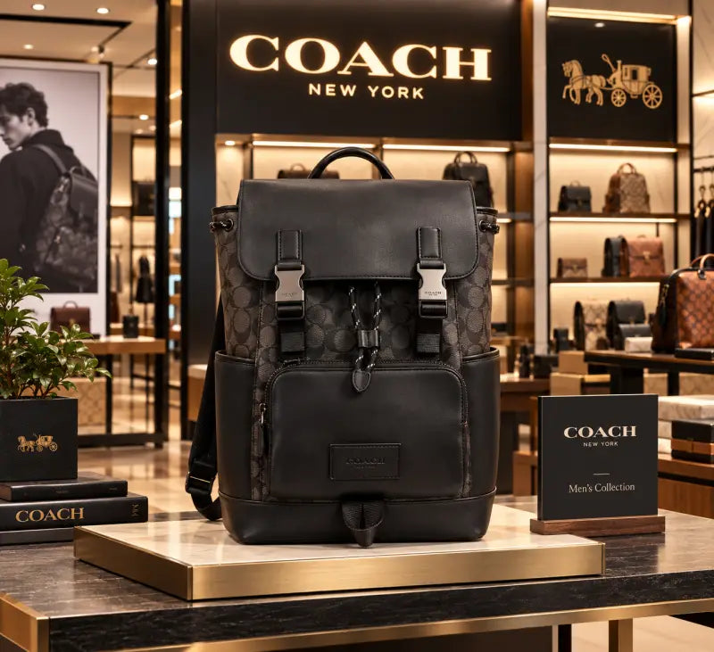 Coach Charter Backpack in Signature Canvas with Leather Flap Dual Buckle Closures & Front Zip Pocket Coffee (058)