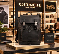 Coach Charter Backpack in Signature Canvas with Leather Flap Dual Buckle Closures & Front Zip Pocket Coffee (058)