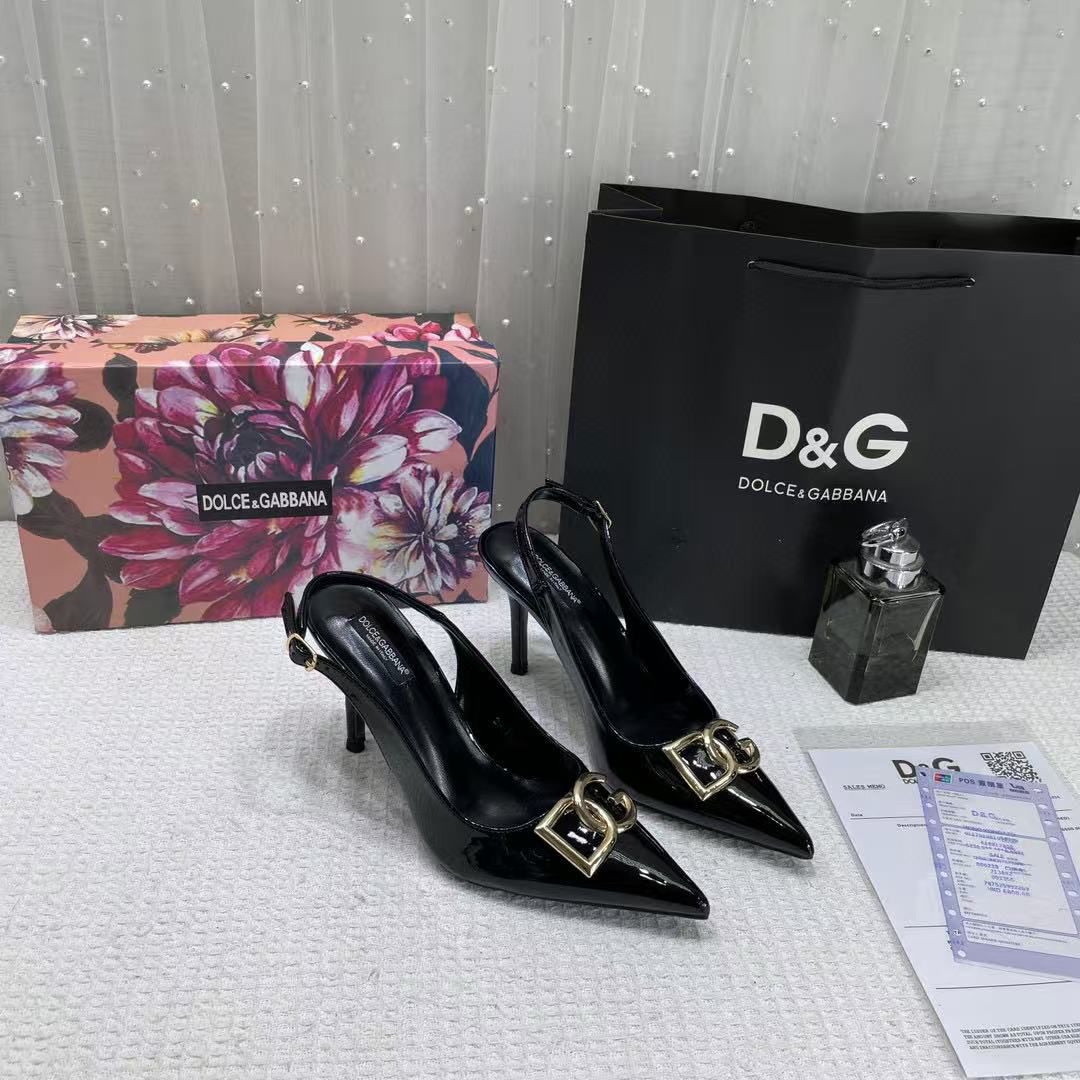 Dolce & Gabbana DG Polished Calfskin Slingback Pumps Black 933-DG