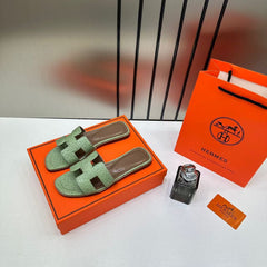 Hermes Paris Oran Flats For Her With OG Box & Carry Bag Green Slide H38