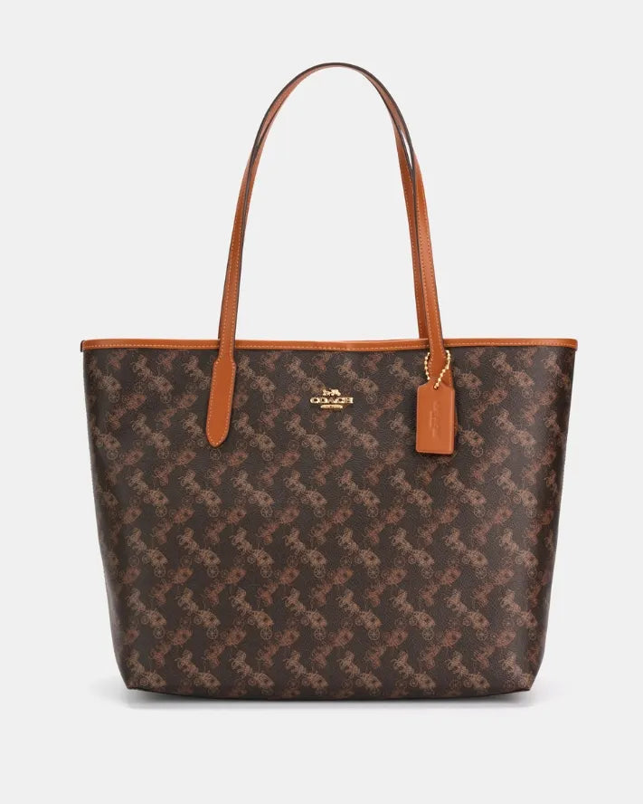 Coach Horse Carriage Print Mini Tote Bag With OG Box Dust Cover & Carry Bag Caramel Coffee 88003