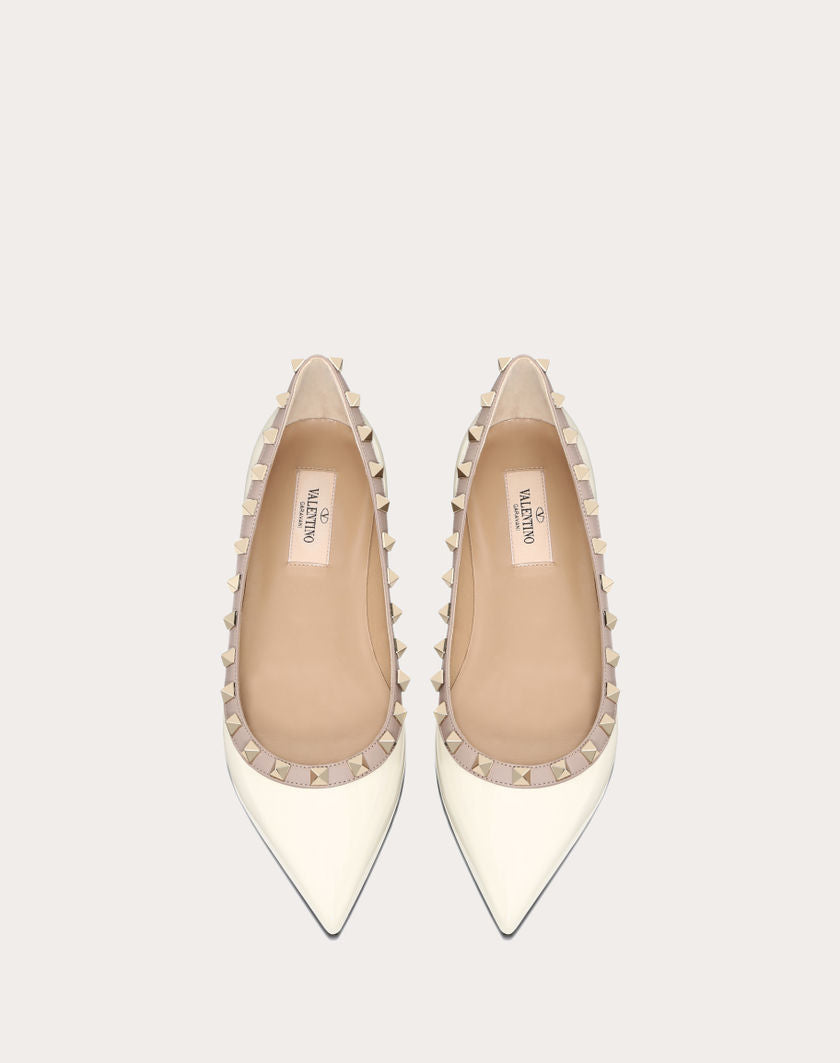 Valentino Rockstud Patent White Ballerina Flats For Women With Original Box And Carry Bag