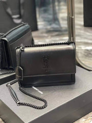 Ysl Saint Laurent Sunset Medium Leather Shoulder Bag Black With OG Box & Carry Bag Black Y2503