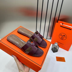 Hermes Paris Oran Flats Croc Leather White For Her With OG Box & Carry Bag Maroon Slide