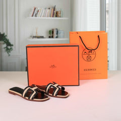 Hermes Paris Oran Flats With OG Box & Carry Bag (Black White - 920)