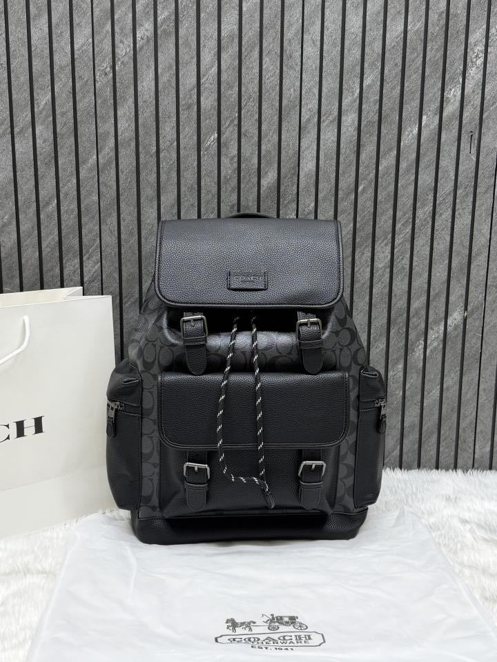 Coach Unisex Rivington Backpack Black Sprint Leather With Dust Bag 059 Black