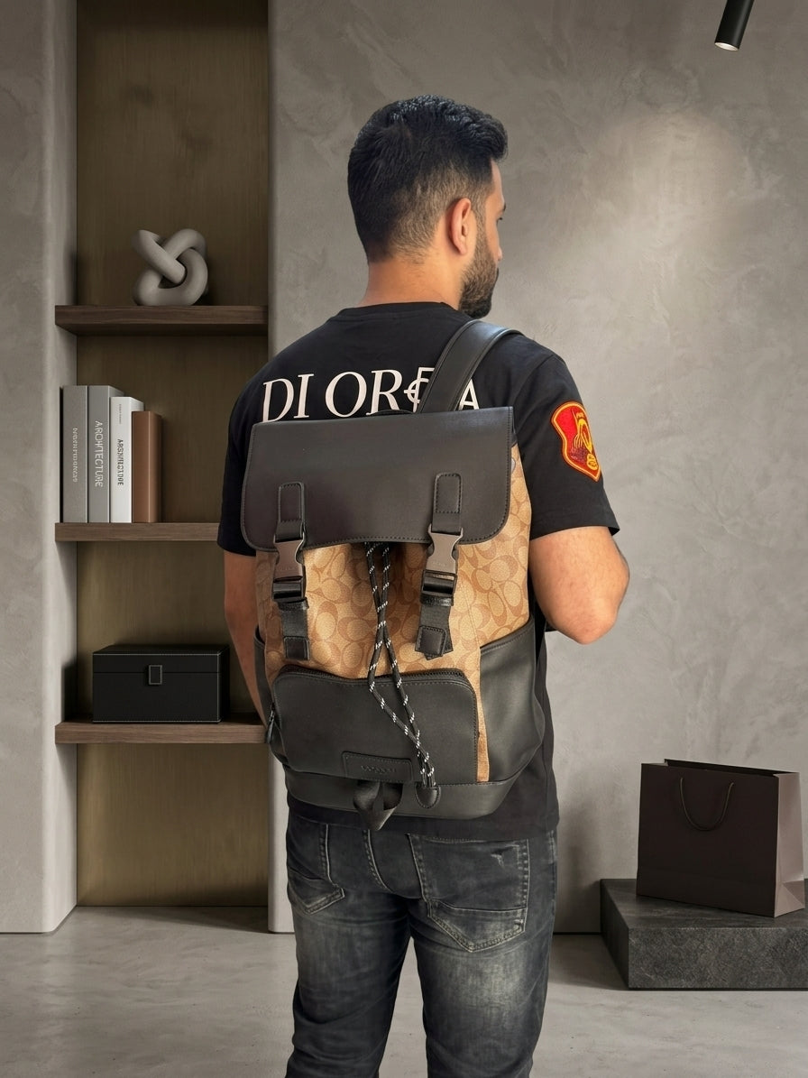 Coach Rivington Backpack Apricot Black Signature Canvas Unisex Backpack With Dust Cover 058 Apricot Black