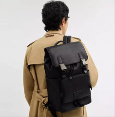 Coach Black Leather Charter Backpack with Dual Buckle Closures & Front Utility Pocket (058)