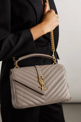 Ysl Saint Laurent College Quilted Leather Bag Grey With OG Box Dust Cover & Carry Bag 1324 Grey