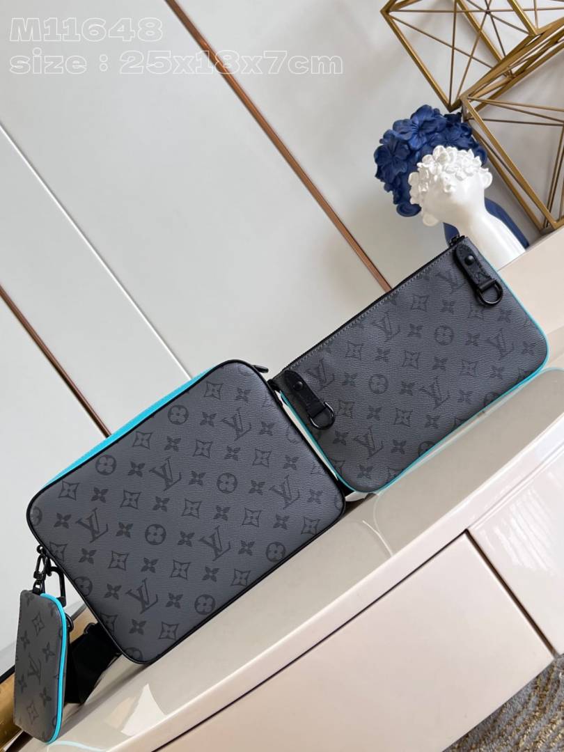 Louis Vuittion LV Virgil Abloh Trio Messenger Multi Crossbody Bag With OG Box Dust Bag (Grey Flower Blue 45320)
