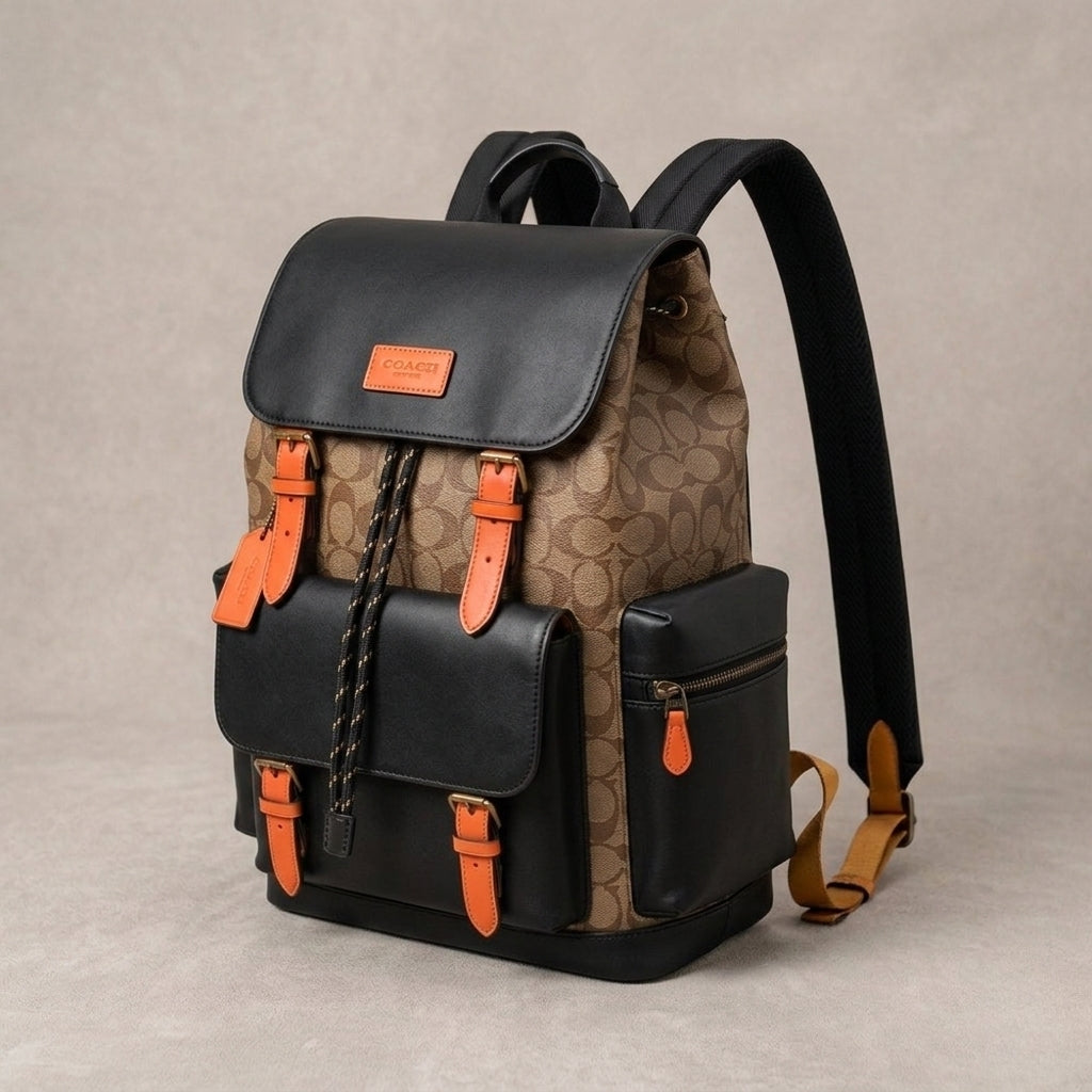 Coach Unisex Rivington Backpack Apricot Black Orange Sprint Leather With Dust Bag 059 Apricot Black Orange