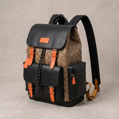 Coach Unisex Rivington Backpack Apricot Black Orange Sprint Leather With Dust Bag 059 Apricot Black Orange