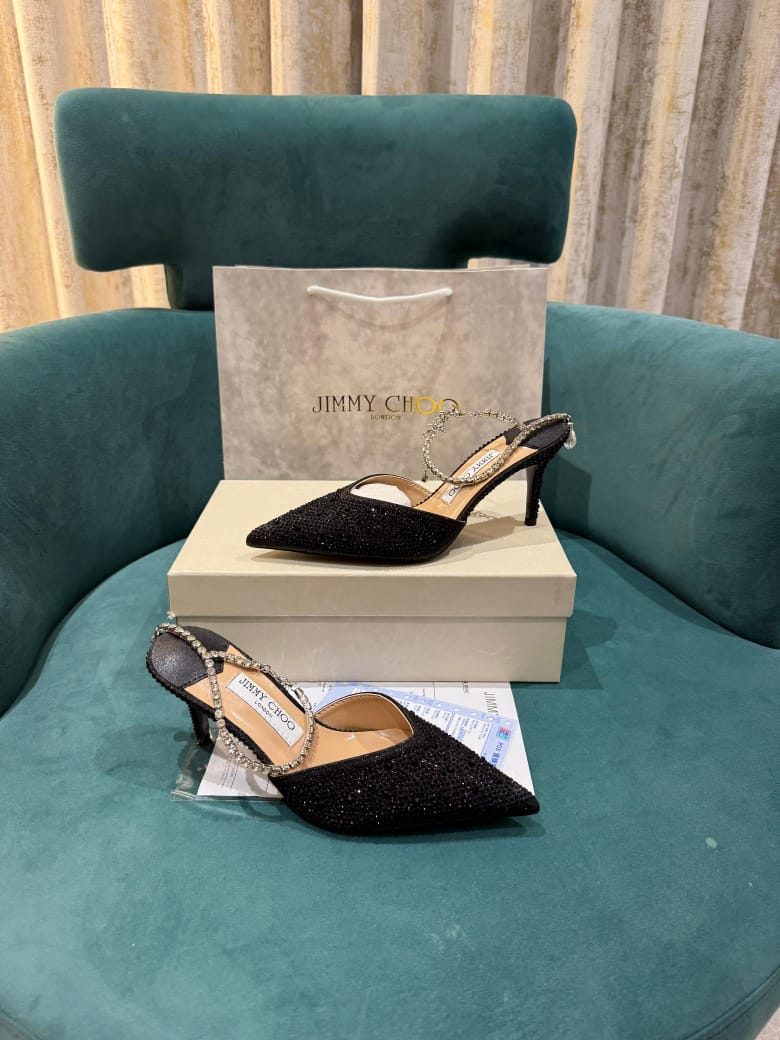 Jimmy Choo Stevie Black Crystal Heels For Women With Original Box And Carry Bag