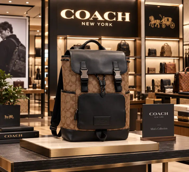 Coach Signature Canvas Charter Backpack with Black Leather Flap Dual Buckle Closures & Front Zip Pocket (058)