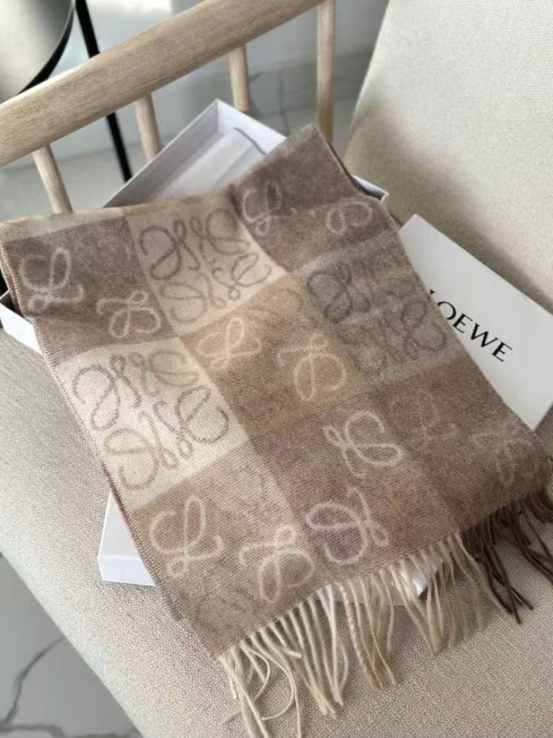Loewe Anagram Jacquard Woolen Blend Scarf Beige Brown Design With Polythene