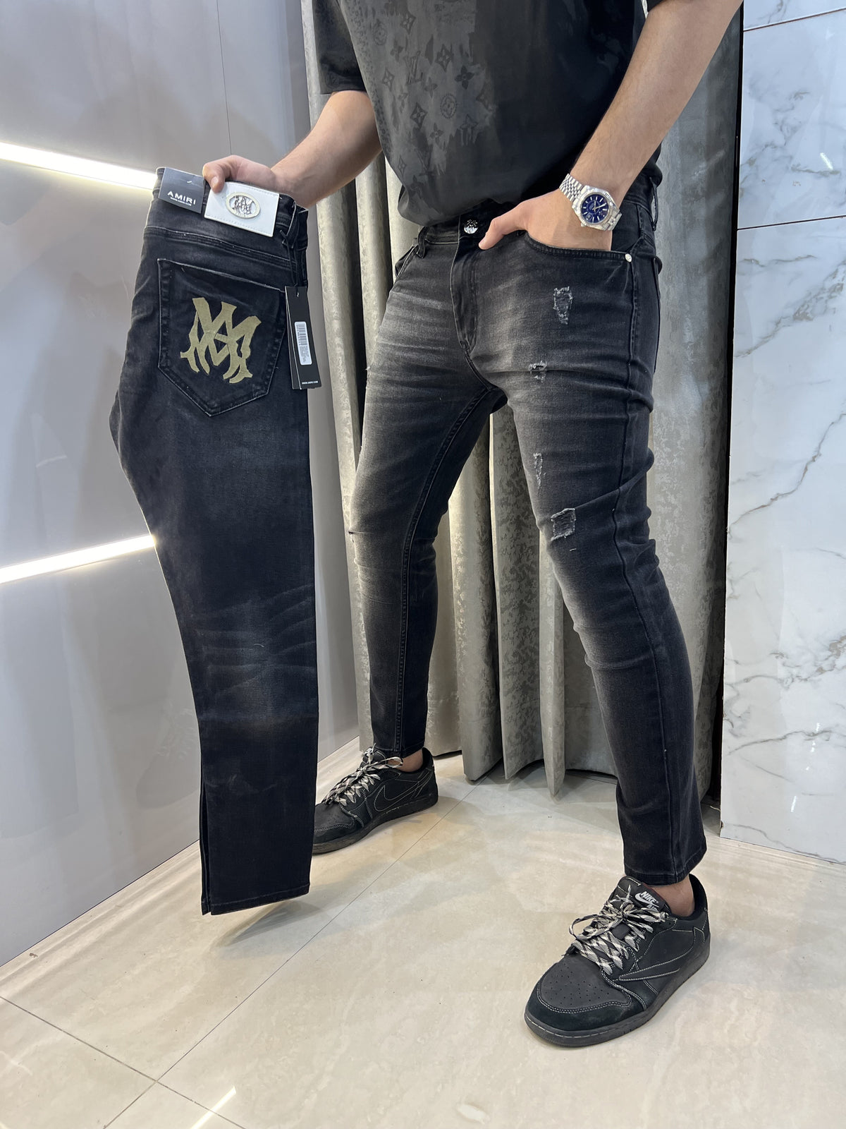 Amiri Black Pocket Embroidery Logo Imported Hyperflex Denim