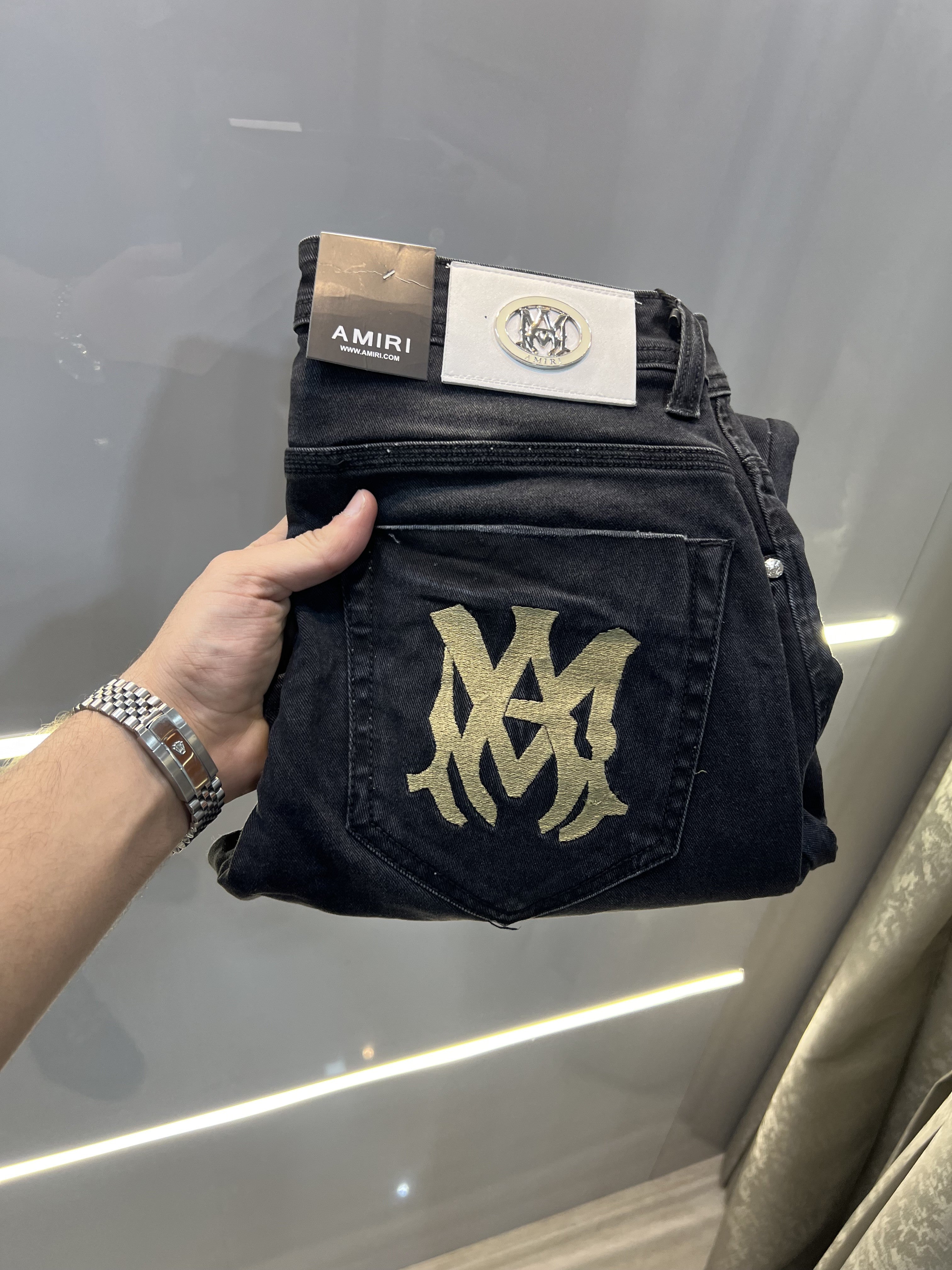 Amiri Black Pocket Embroidery Logo Imported Hyperflex Denim