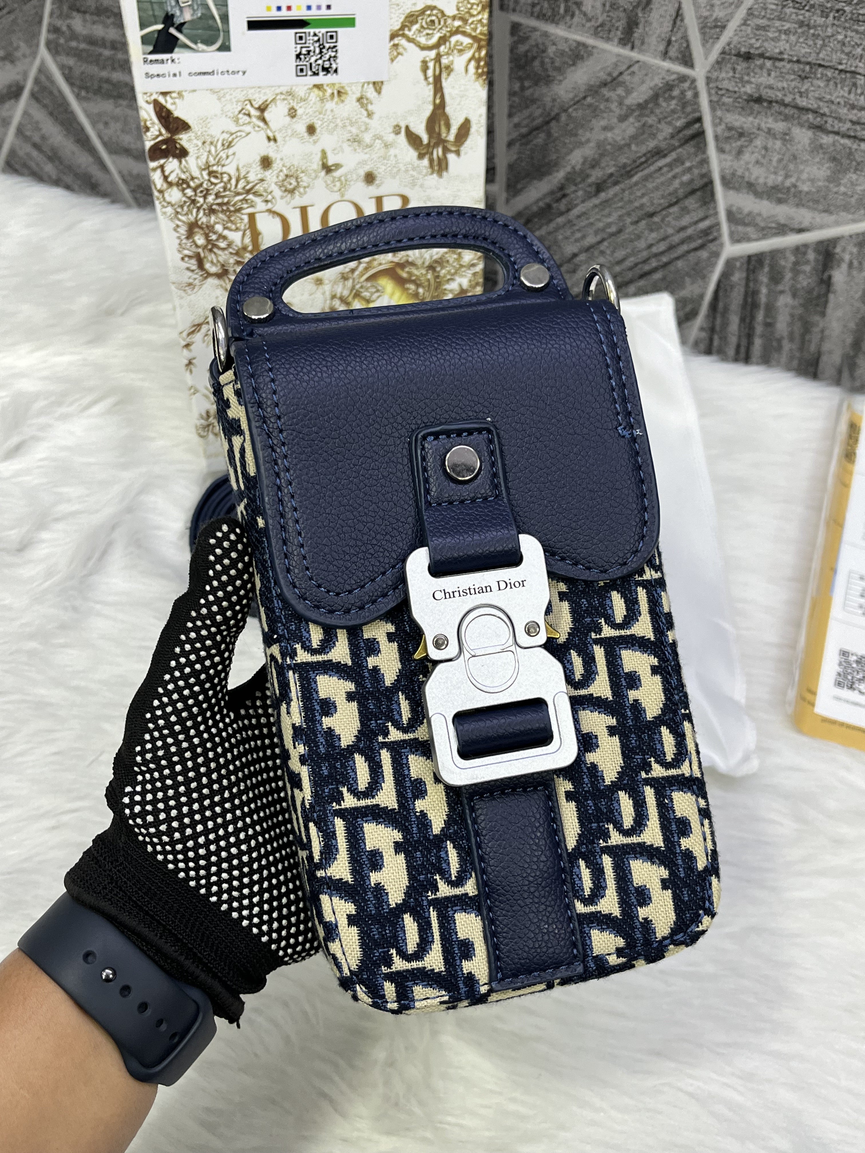Dior Blue Saddle Vertical Phone Pouch Unisex