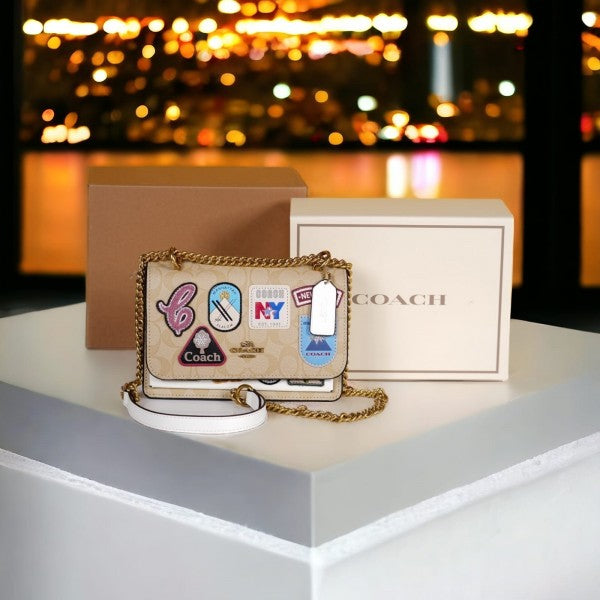 Coach Klare Crossbody In Signature With Ski Patches Premium Quality Bag With Double OG Box & Dust Bag (White-646)