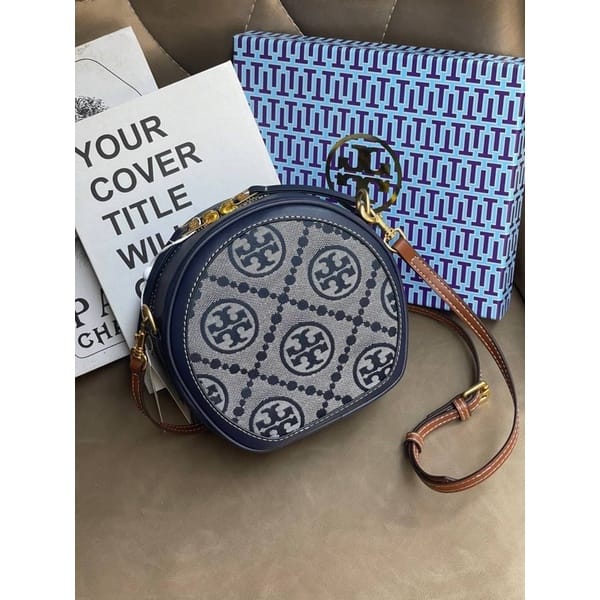 Tory Burch T Monogram Petite Moon Bag With OG Box & Dust Bag (Blue 670)