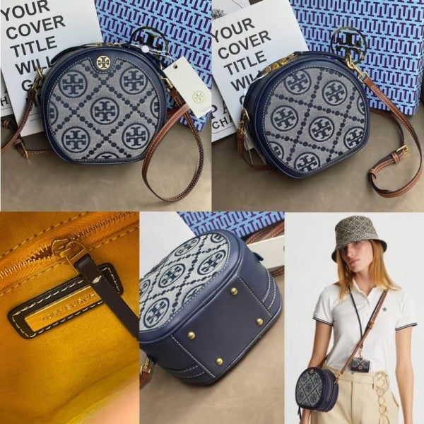 Tory Burch T Monogram Petite Moon Bag With OG Box & Dust Bag (Blue 670)