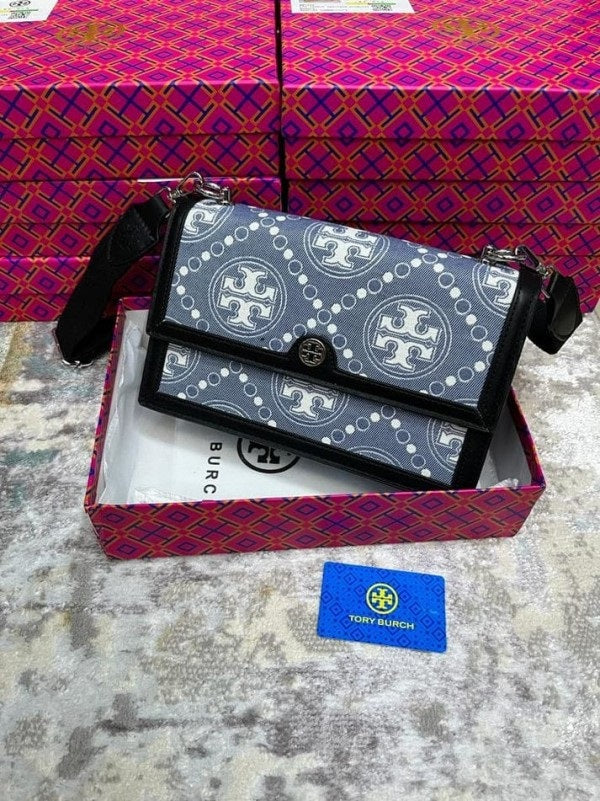 Tory Burch T Monogram Shoulder Bag With Adjustable Strap With OG Box & Dust Bag (Black 616)