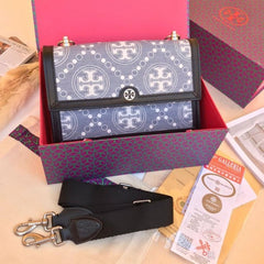 Tory Burch T Monogram Shoulder Bag With Adjustable Strap With OG Box & Dust Bag (Black 616)