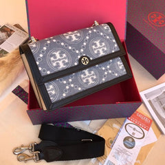 Tory Burch T Monogram Shoulder Bag With Adjustable Strap With OG Box & Dust Bag (Black 616)