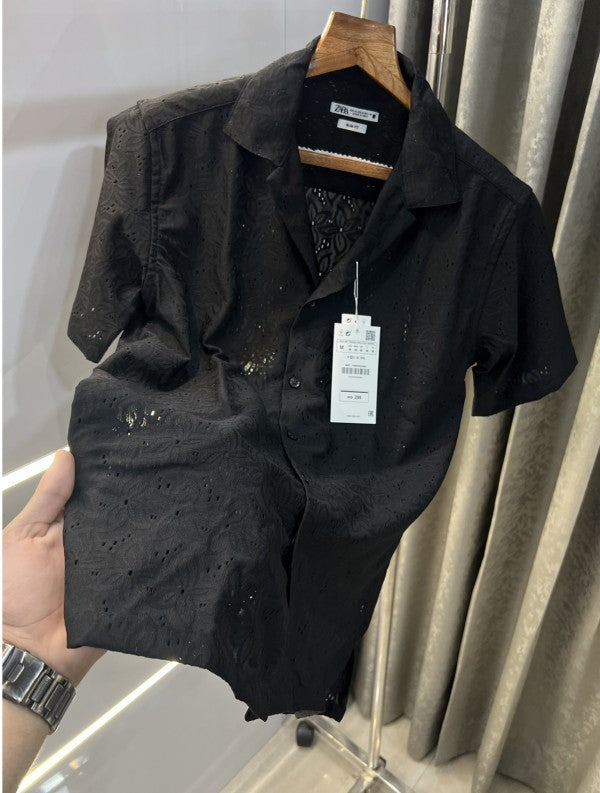 Zara Black Leaf Printed Premium Crochet Shirt