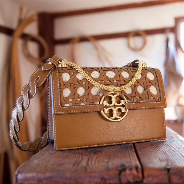 Tory Burch Miller Basket Weave Premium Shoulder Bag With OG Box & Dust Bag (Brown 498)