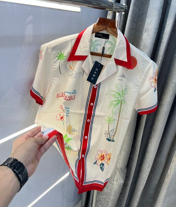 Zara Cream All Over Printed Imported Half Shirt