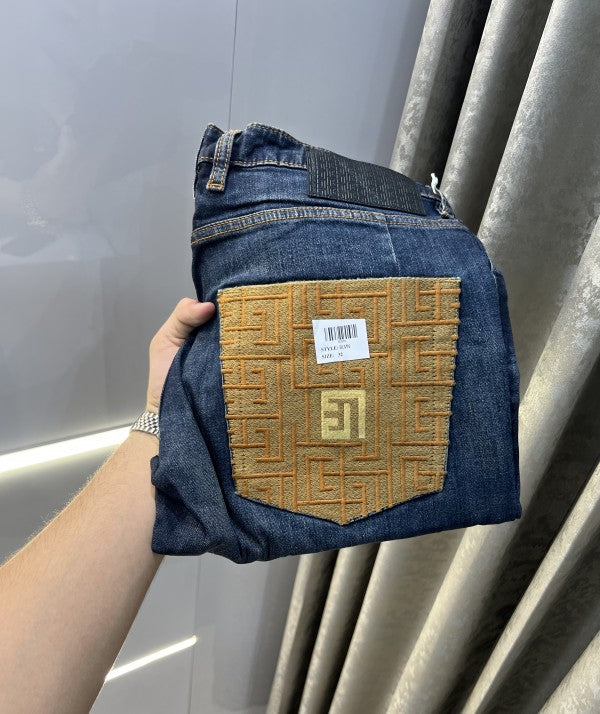 Balmain Paris Blue Embroidery Pocket Imported Hyperflex Denim