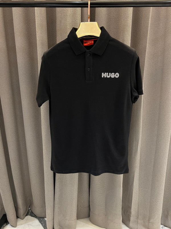 HUGO BOSS CHEST LOGO PRINT POLO T-SHIRT BLACK